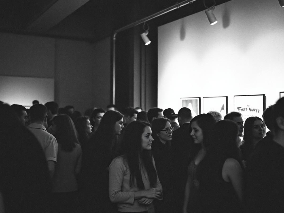 Multitud en la inauguración de una galería fotografiada en blanco y negro
